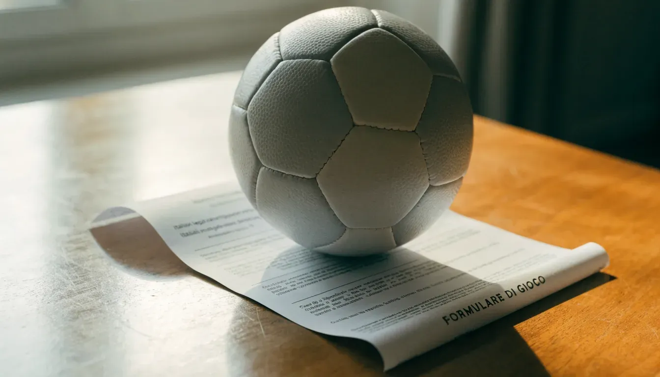 Un pallone da calcio appoggiato su una schedina bianca su un tavolo di legno, alla luce del giorno