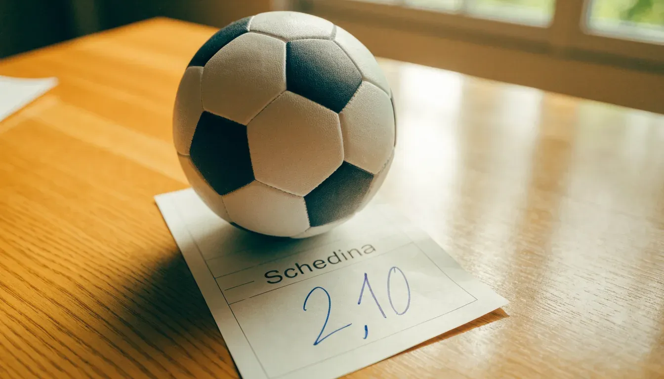 Un pallone da calcio appoggiato su una schedina bianca su un tavolo di legno, alla luce del giorno