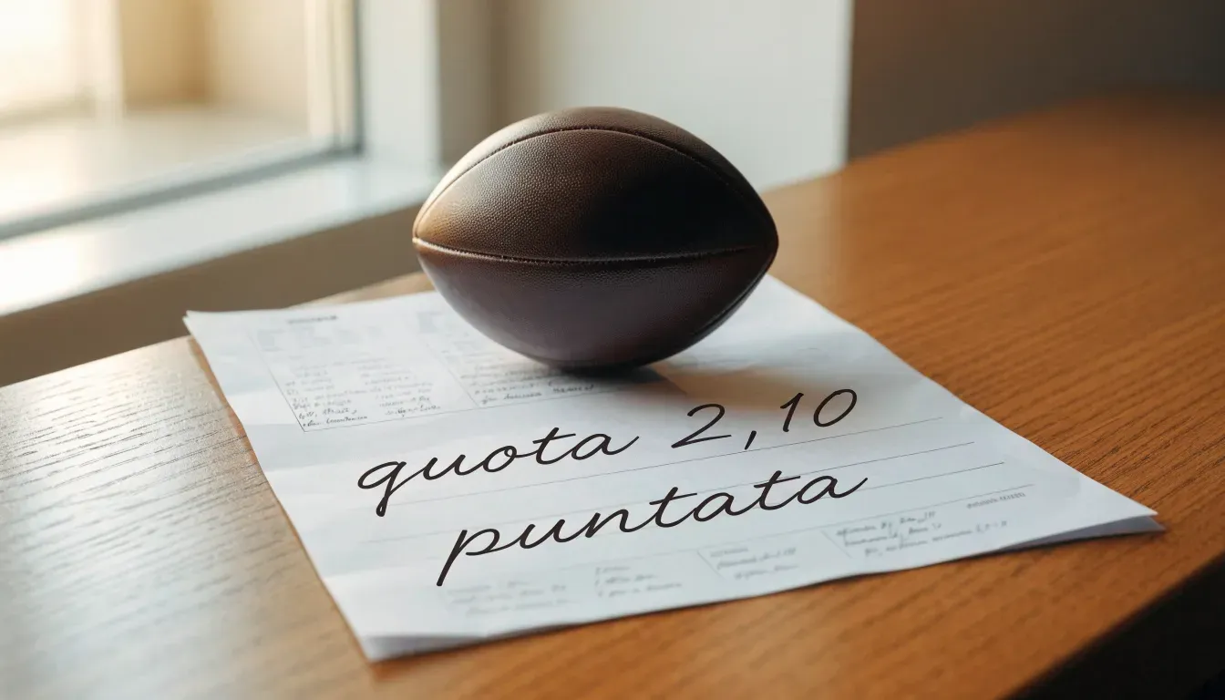 Un pallone da calcio appoggiato su una schedina bianca su un tavolo di legno, alla luce del giorno