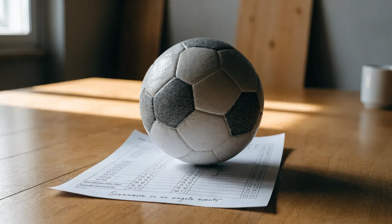 Un pallone da calcio appoggiato su una schedina bianca su un tavolo di legno, alla luce del giorno