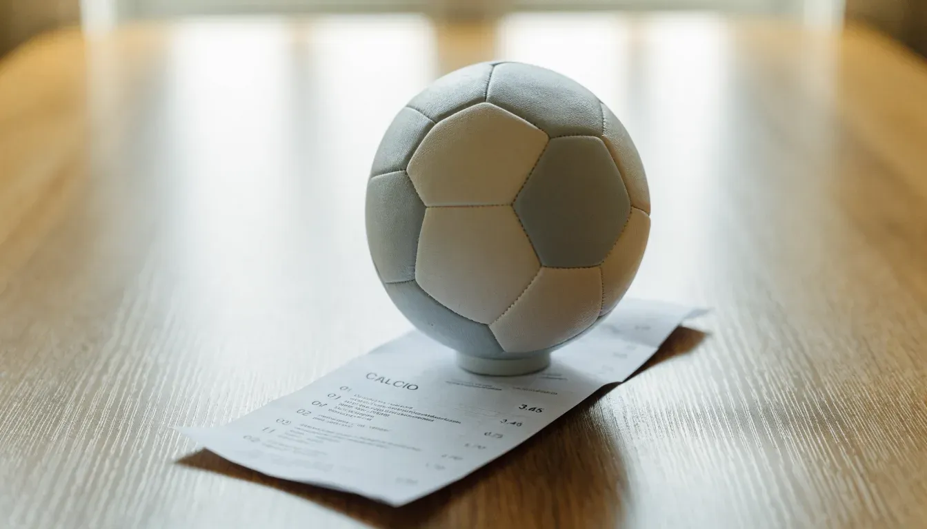 Un pallone da calcio appoggiato su una schedina bianca su un tavolo di legno, alla luce del giorno