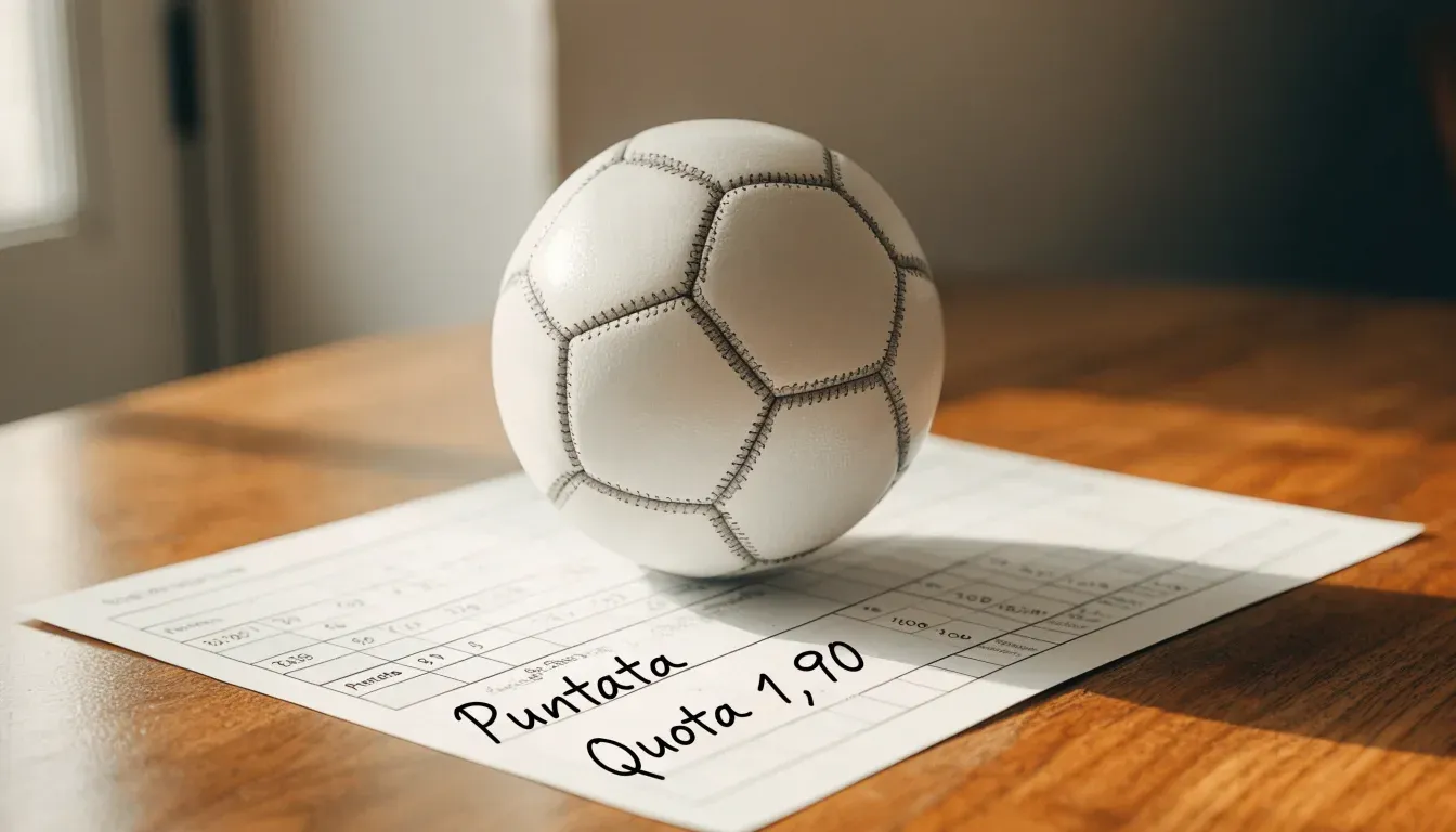 Un pallone da calcio appoggiato su una schedina bianca su un tavolo di legno, alla luce del giorno