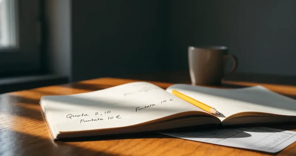 Un quaderno aperto con quote scritte a mano, una calcolatrice e una matita su un tavolo di legno