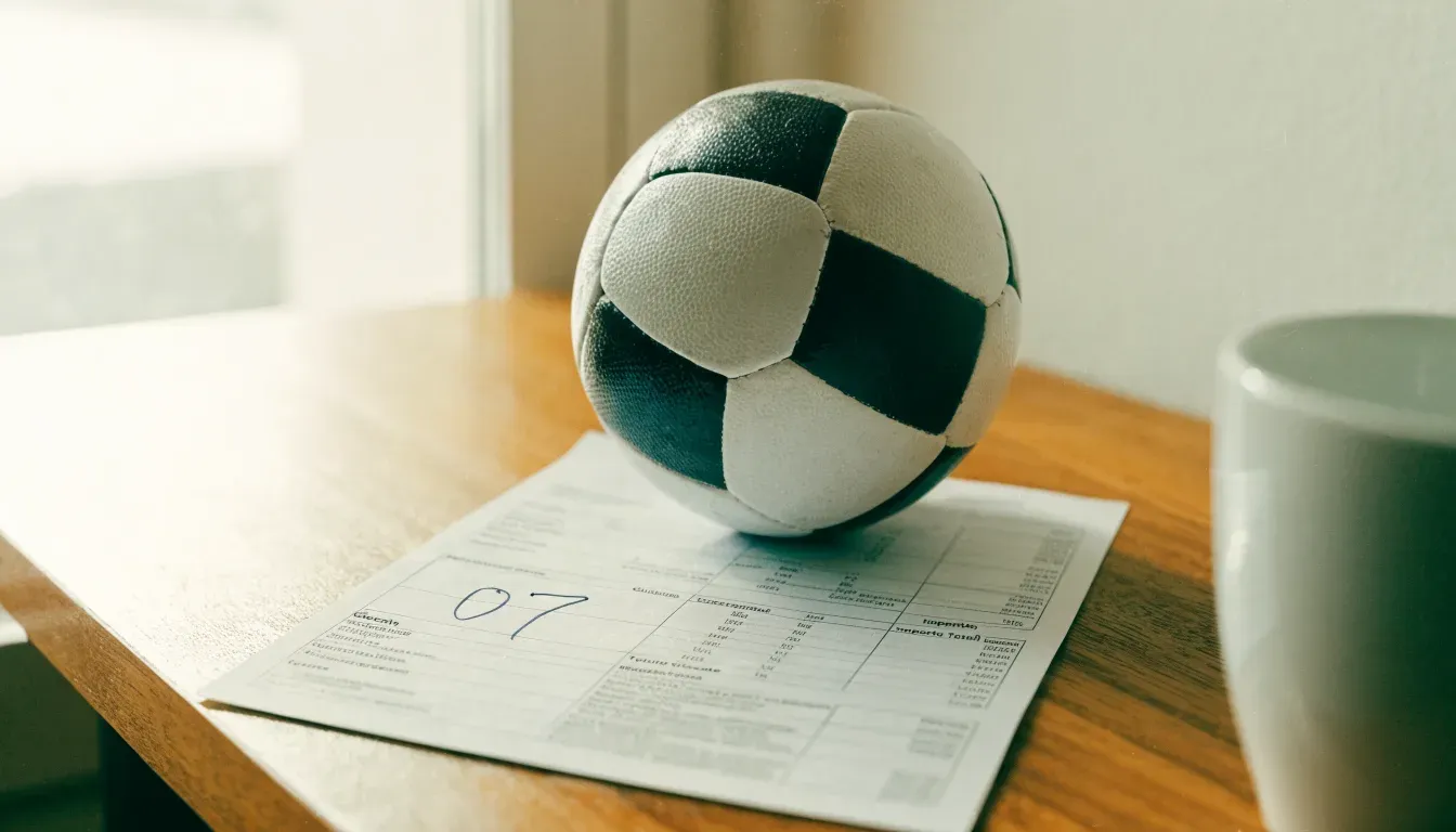 Un pallone da calcio appoggiato su una schedina bianca su un tavolo di legno, alla luce del giorno