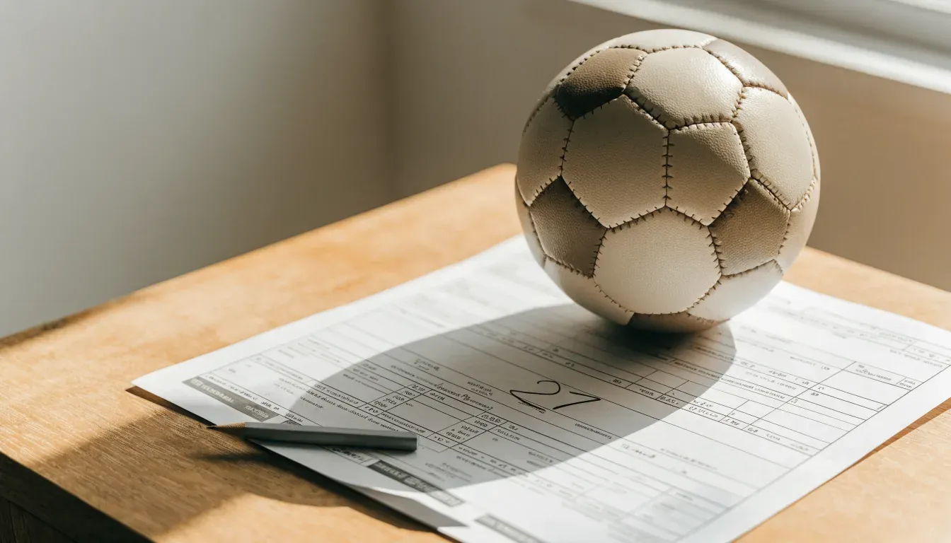 Un pallone da calcio appoggiato su una schedina bianca su un tavolo di legno, alla luce del giorno