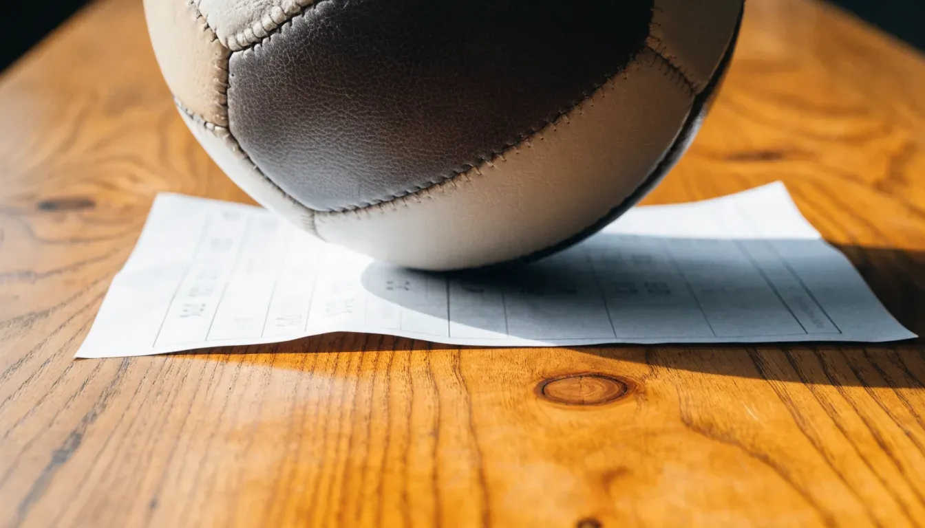 Un pallone da calcio appoggiato su una schedina bianca su un tavolo di legno, alla luce del giorno
