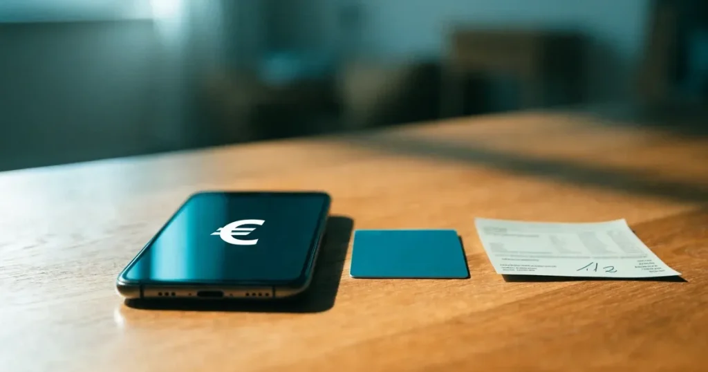 Uno smartphone e una carta di pagamento affiancati su un tavolo di legno, con alcune banconote da euro accanto