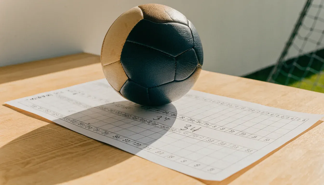 Un pallone da calcio appoggiato su una schedina bianca su un tavolo di legno, alla luce del giorno