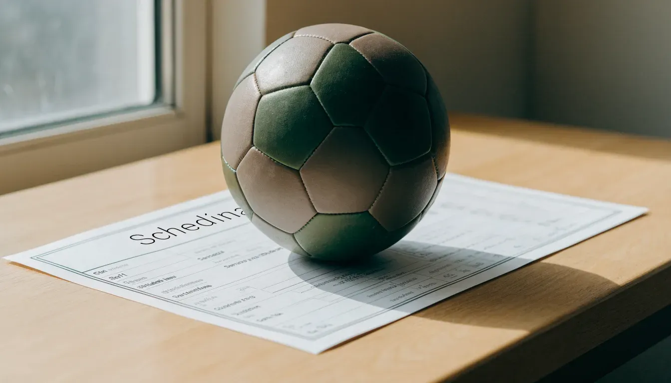 Un pallone da calcio appoggiato su una schedina bianca su un tavolo di legno, alla luce del giorno