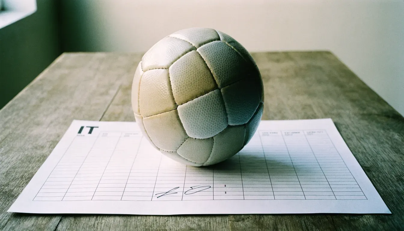 Un pallone da calcio appoggiato su una schedina bianca su un tavolo di legno, alla luce del giorno