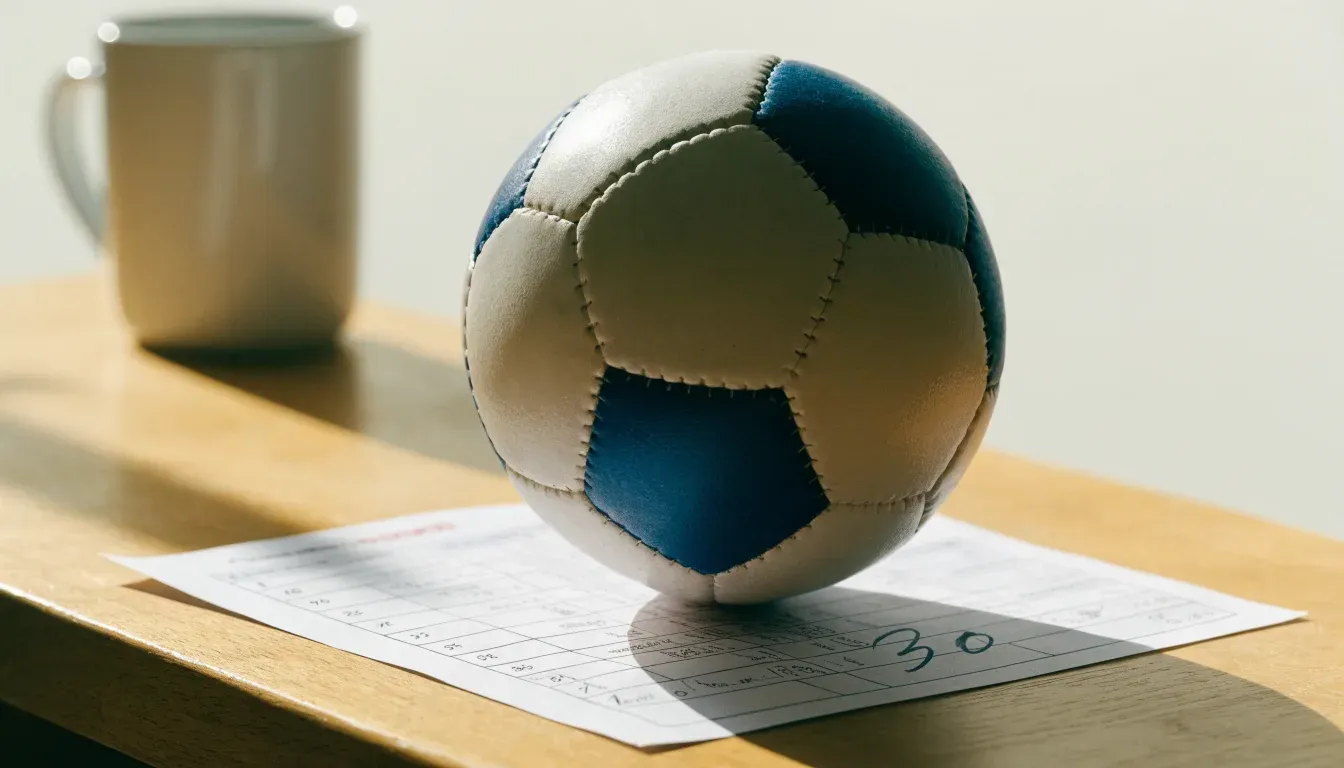 Un pallone da calcio appoggiato su una schedina bianca su un tavolo di legno, alla luce del giorno