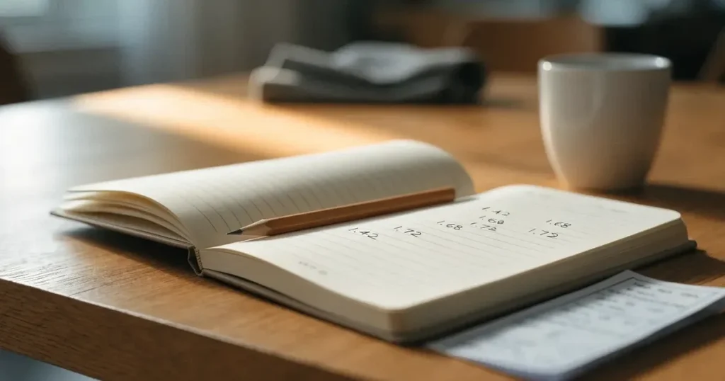 Un quaderno aperto con quote scritte a mano, una calcolatrice e una matita su un tavolo di legno