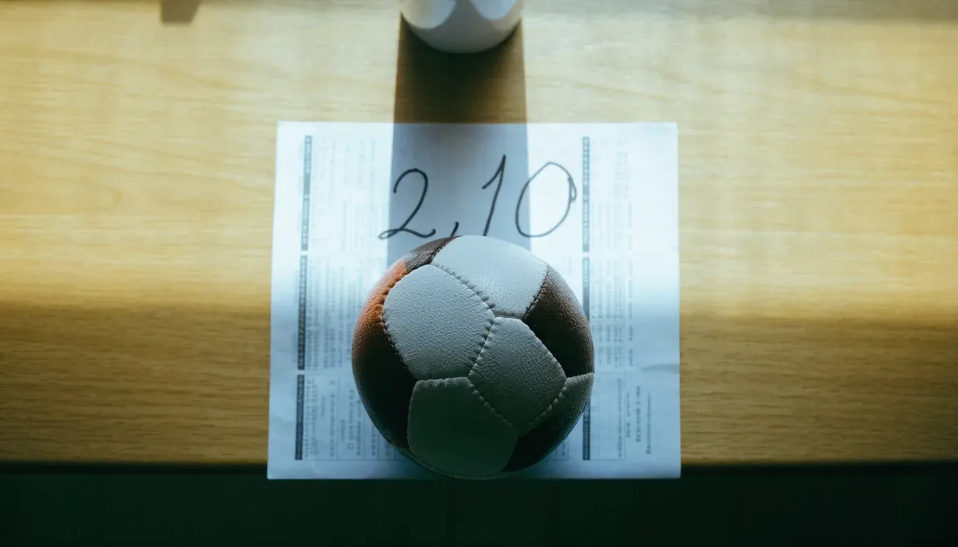Un pallone da calcio appoggiato su una schedina bianca su un tavolo di legno, alla luce del giorno