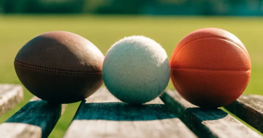 Tre palloni di sport diversi allineati uno accanto all'altro su una panca di legno