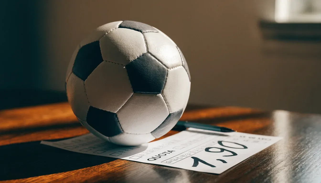 Un pallone da calcio appoggiato su una schedina bianca su un tavolo di legno, alla luce del giorno