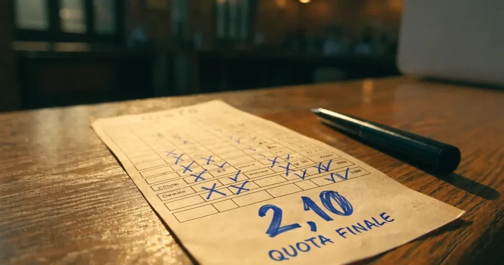 Una schedina con diverse selezioni segnate a penna su un bancone di legno