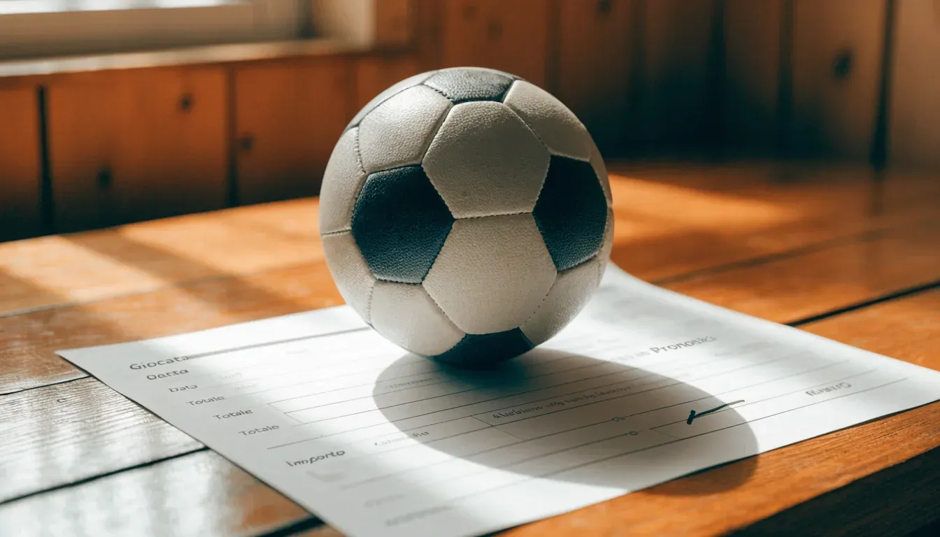 Un pallone da calcio appoggiato su una schedina bianca su un tavolo di legno, alla luce del giorno