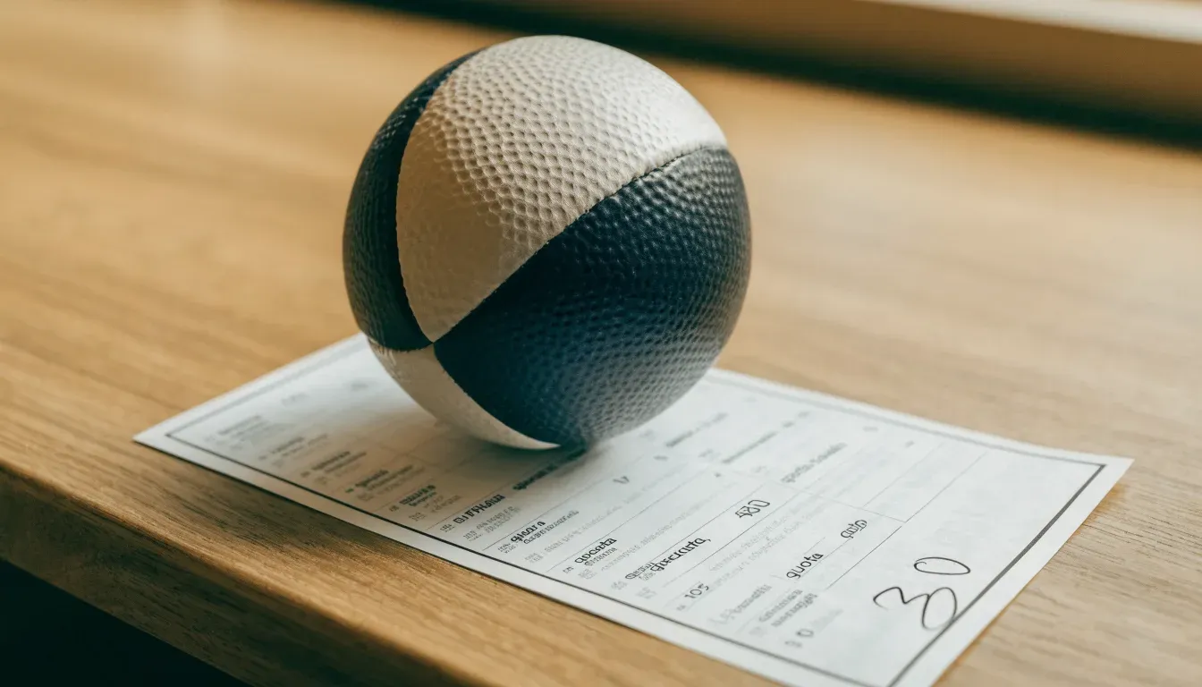 Un pallone da calcio appoggiato su una schedina bianca su un tavolo di legno, alla luce del giorno