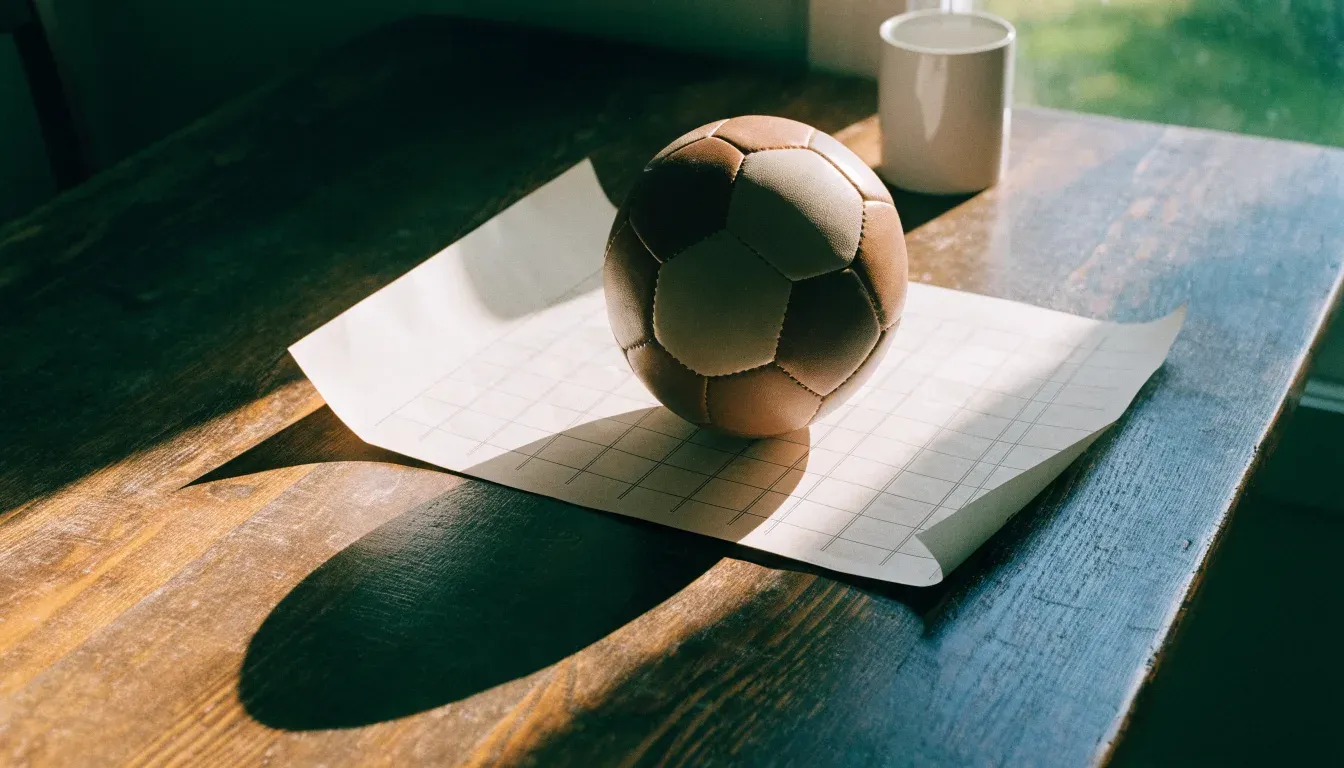Un pallone da calcio appoggiato su una schedina bianca su un tavolo di legno, alla luce del giorno
