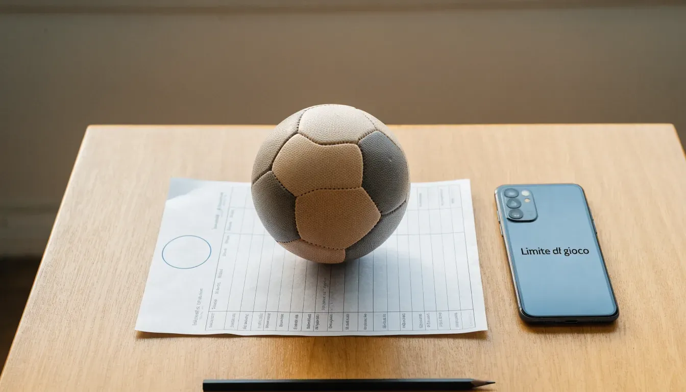 Un pallone da calcio appoggiato su una schedina bianca su un tavolo di legno, alla luce del giorno