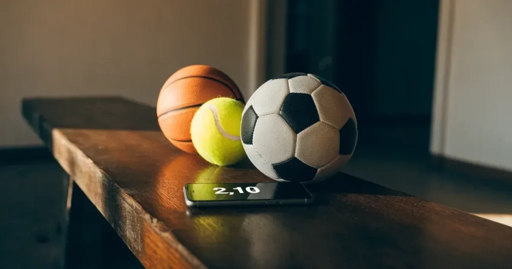 Tre palloni di sport diversi allineati uno accanto all'altro su una panca di legno