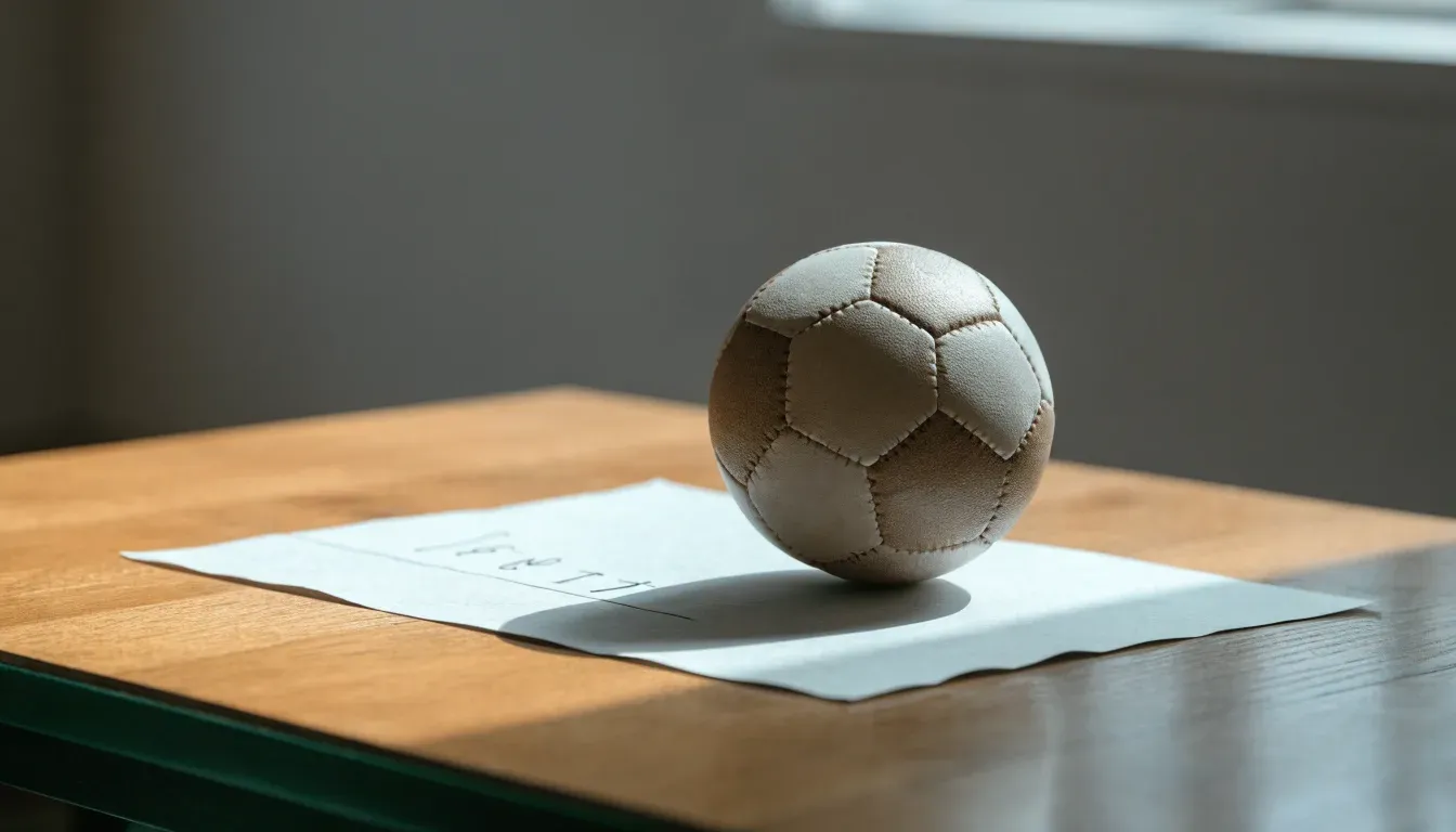 Un pallone da calcio appoggiato su una schedina bianca su un tavolo di legno, alla luce del giorno