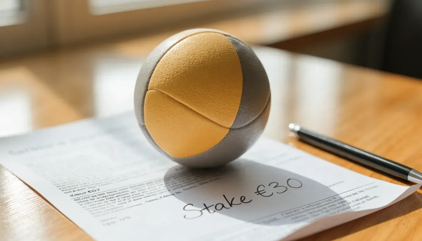 Un pallone da calcio appoggiato su una schedina bianca su un tavolo di legno, alla luce del giorno