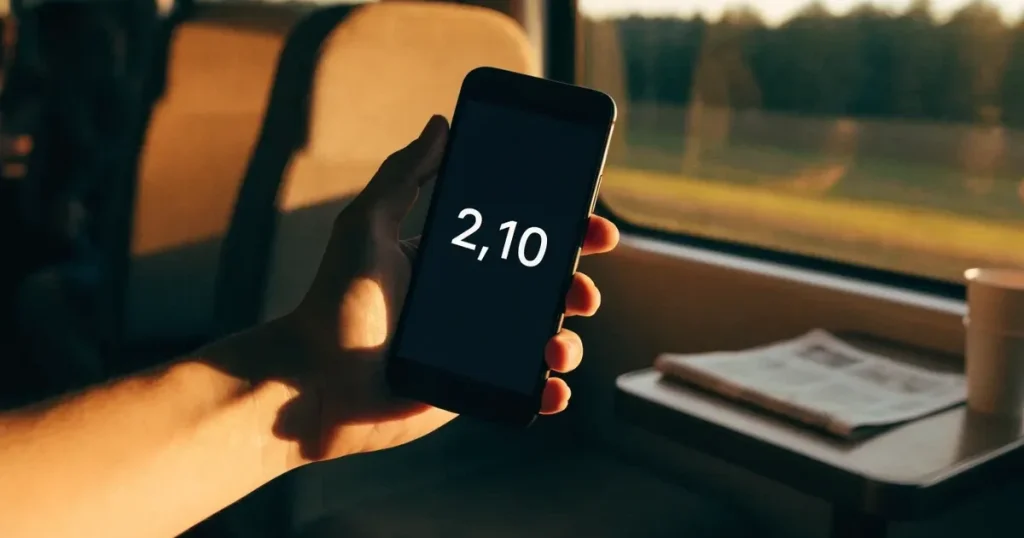 Una mano che tiene uno smartphone con una scommessa sullo schermo, su un treno nel tardo pomeriggio