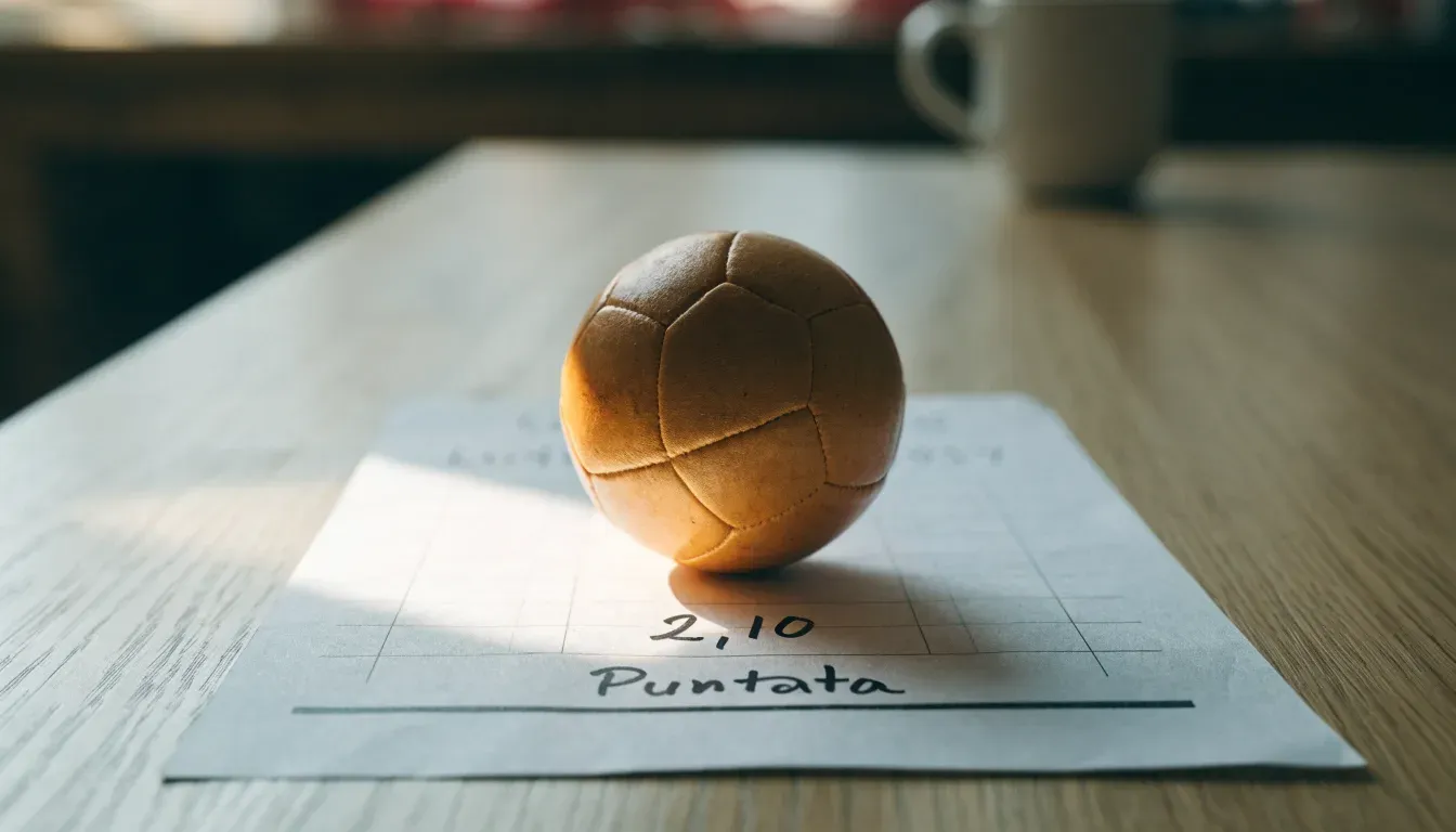 Un pallone da calcio appoggiato su una schedina bianca su un tavolo di legno, alla luce del giorno