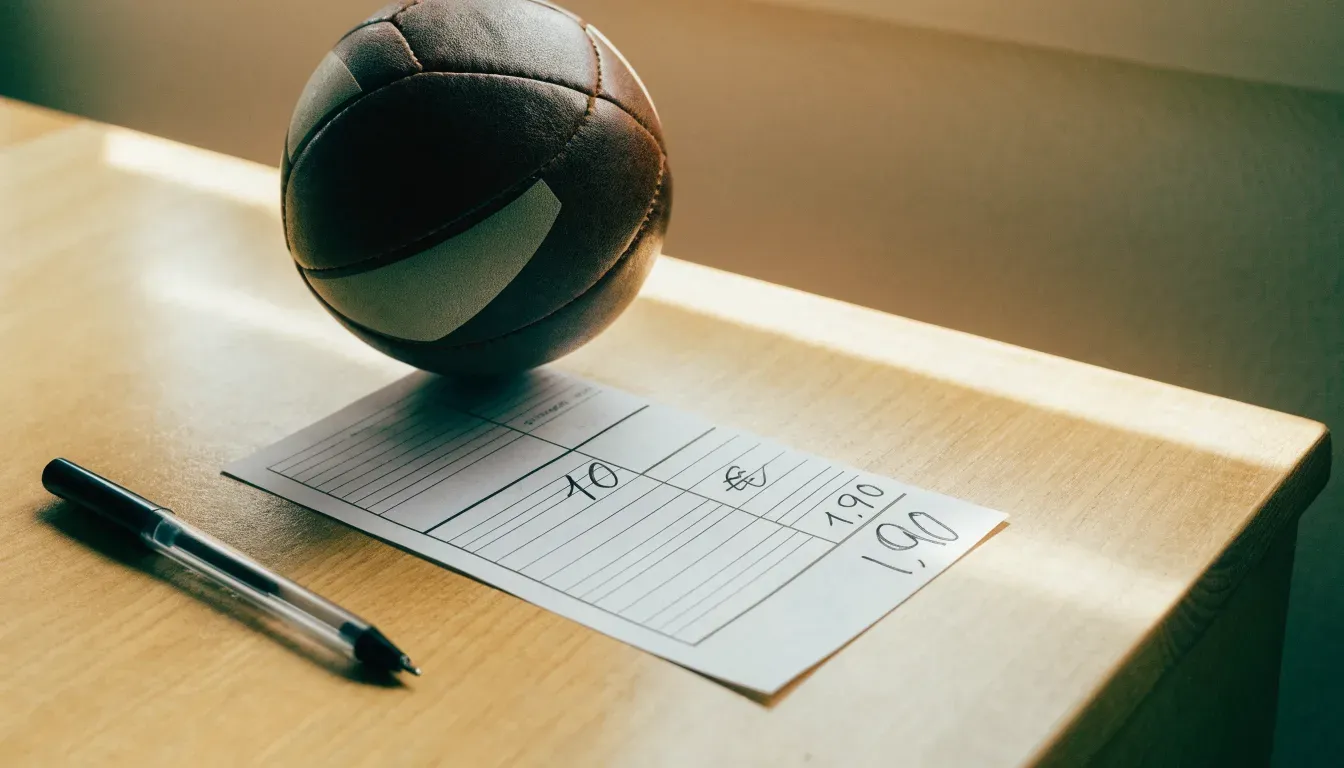 Un pallone da calcio appoggiato su una schedina bianca su un tavolo di legno, alla luce del giorno