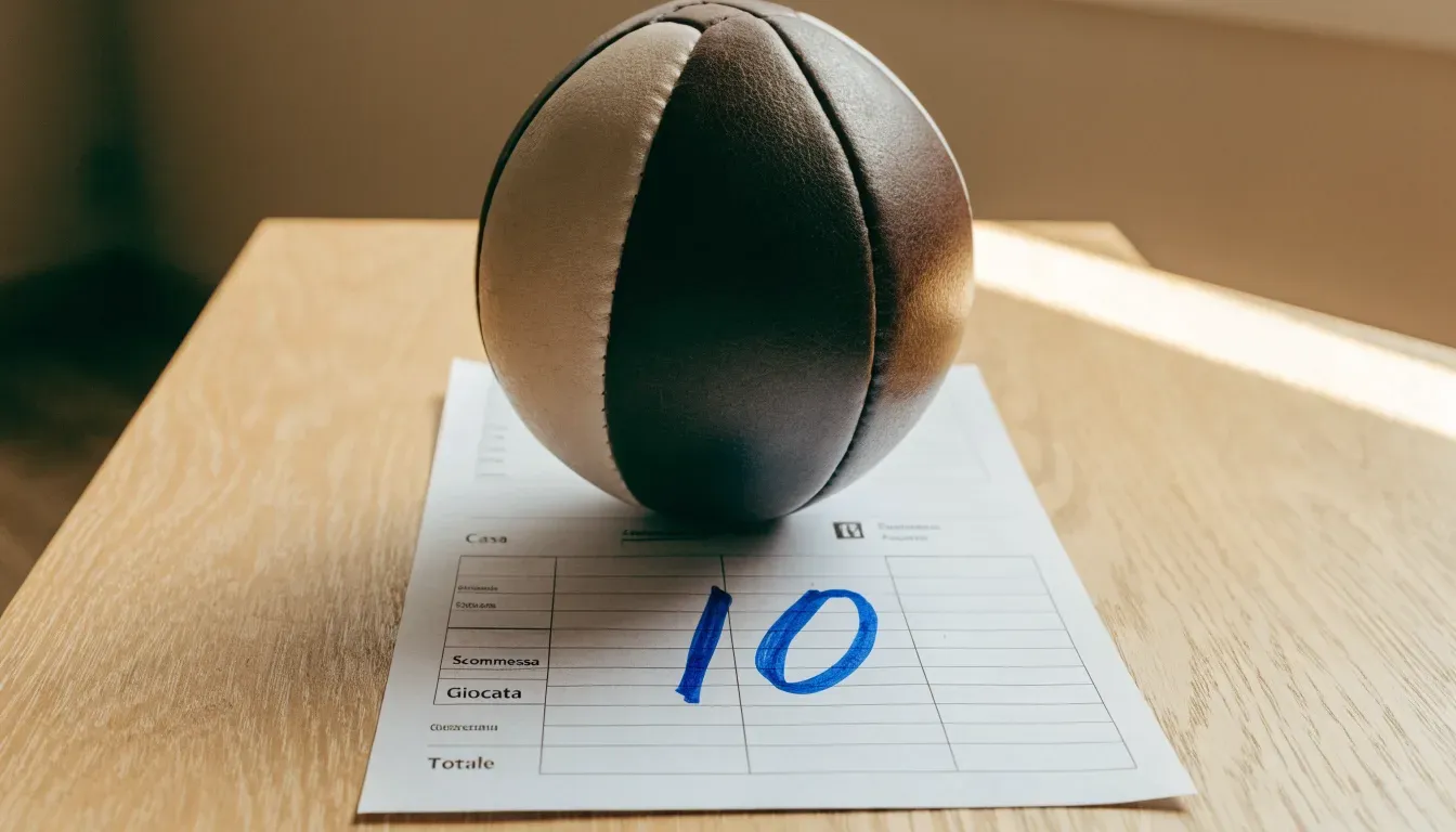 Un pallone da calcio appoggiato su una schedina bianca su un tavolo di legno, alla luce del giorno