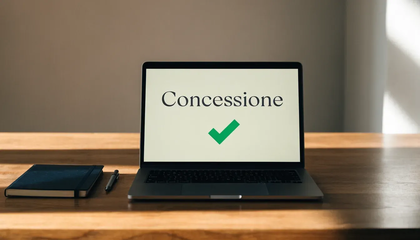 Un foglio di concessione in carta con un timbro rosso, appoggiato su una scrivania di legno accanto a una penna