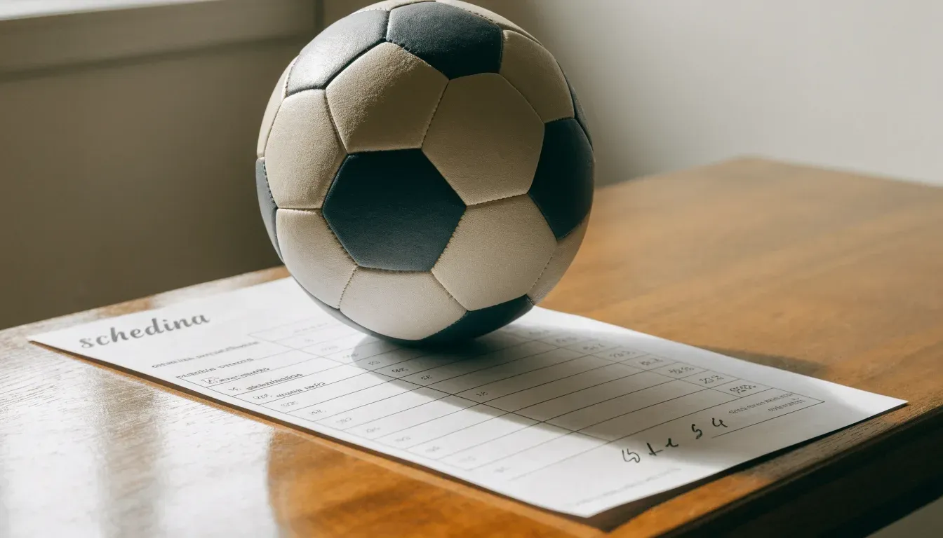 Un pallone da calcio appoggiato su una schedina bianca su un tavolo di legno, alla luce del giorno