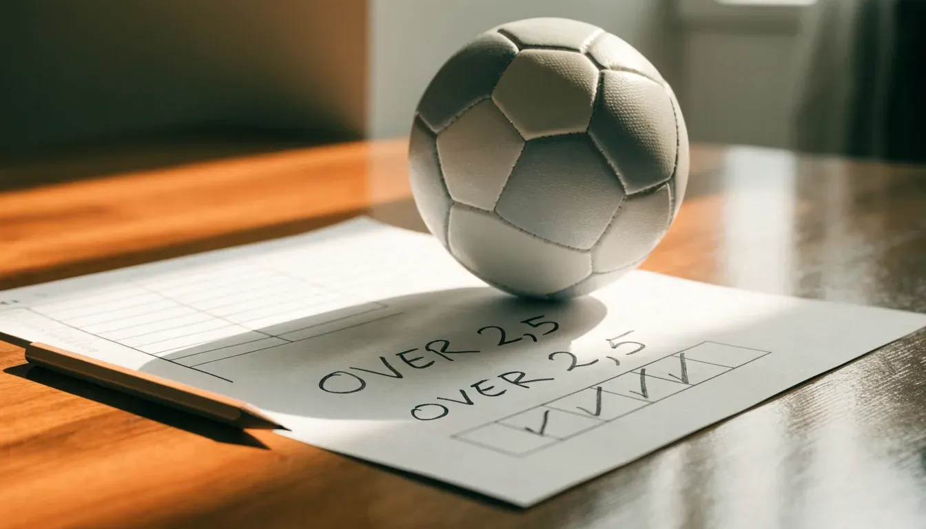 Un pallone da calcio appoggiato su una schedina bianca su un tavolo di legno, alla luce del giorno