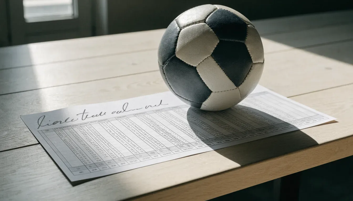 Un pallone da calcio appoggiato su una schedina bianca su un tavolo di legno, alla luce del giorno