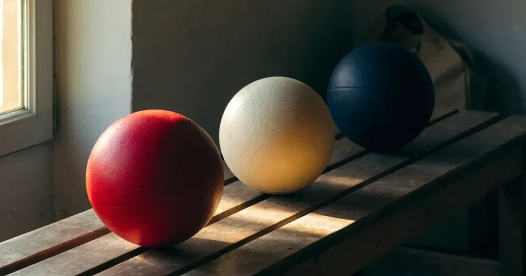 Tre palloni di sport diversi allineati uno accanto all'altro su una panca di legno