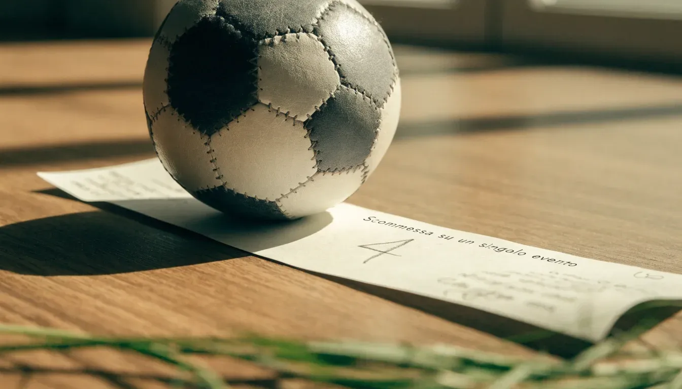 Un pallone da calcio appoggiato su una schedina bianca su un tavolo di legno, alla luce del giorno