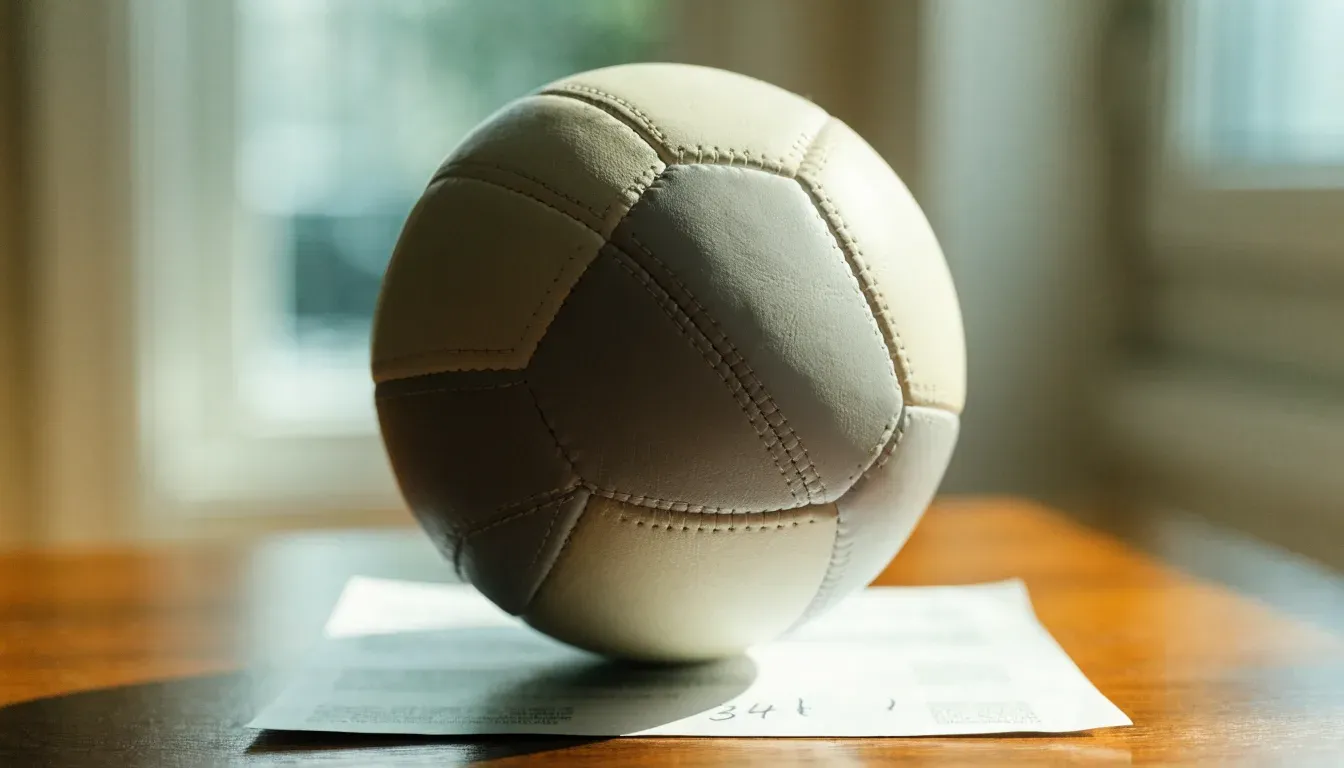 Un pallone da calcio appoggiato su una schedina bianca su un tavolo di legno, alla luce del giorno