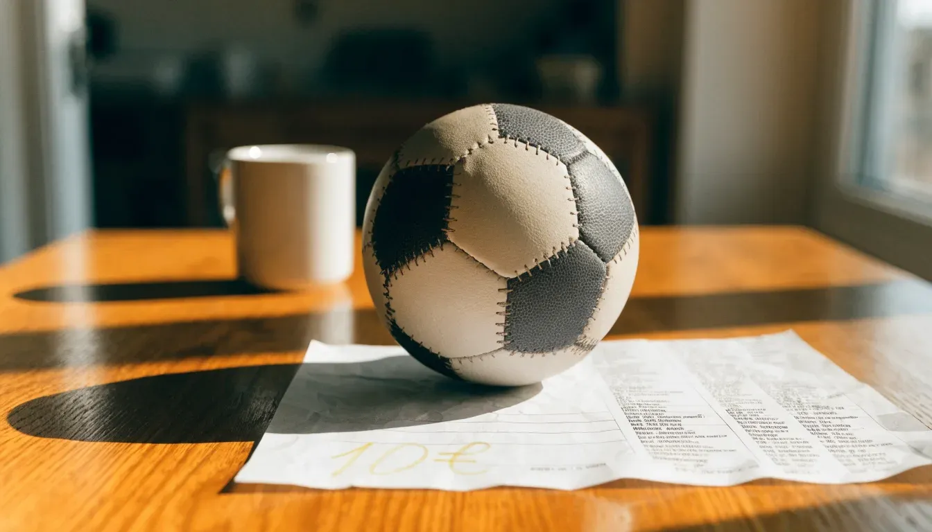 Un pallone da calcio appoggiato su una schedina bianca su un tavolo di legno, alla luce del giorno
