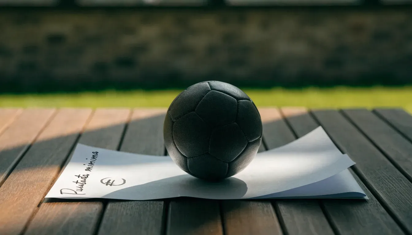 Un pallone da calcio appoggiato su una schedina bianca su un tavolo di legno, alla luce del giorno