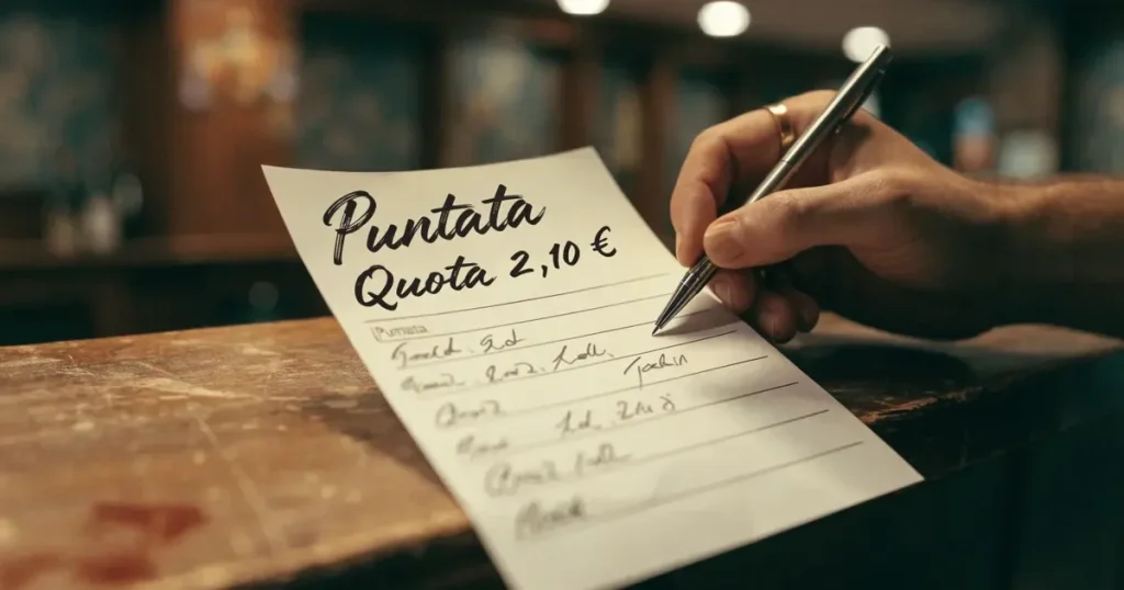 Una schedina con diverse selezioni segnate a penna su un bancone di legno
