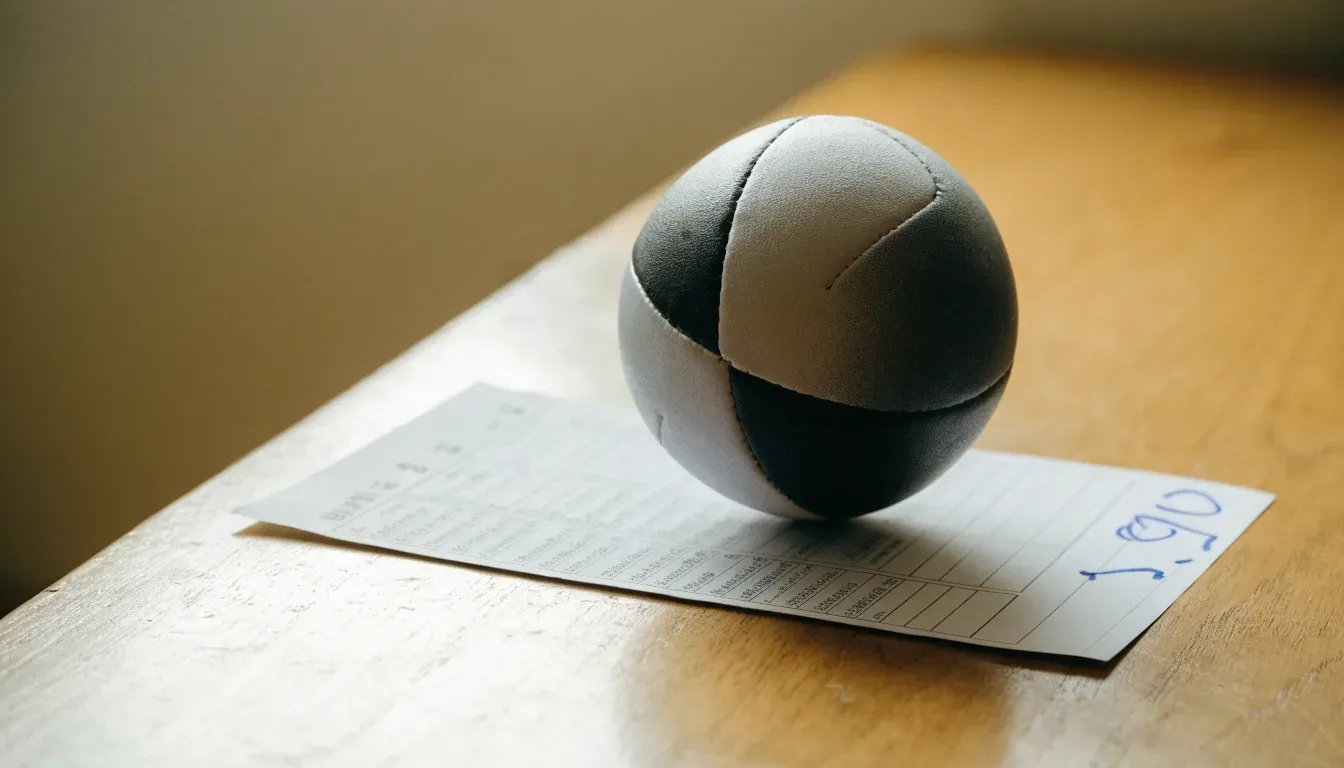 Un pallone da calcio appoggiato su una schedina bianca su un tavolo di legno, alla luce del giorno