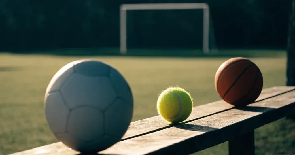 Tre palloni di sport diversi allineati uno accanto all'altro su una panca di legno