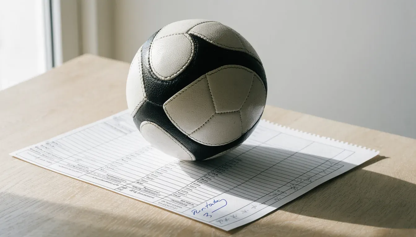 Un pallone da calcio appoggiato su una schedina bianca su un tavolo di legno, alla luce del giorno