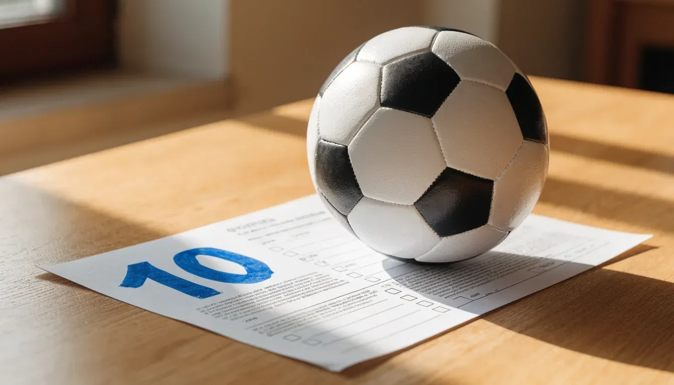Un pallone da calcio appoggiato su una schedina bianca su un tavolo di legno, alla luce del giorno