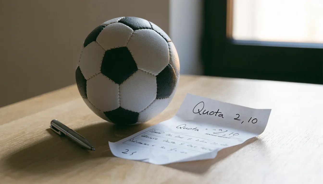 Un pallone da calcio appoggiato su una schedina bianca su un tavolo di legno, alla luce del giorno