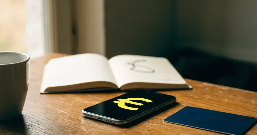 Uno smartphone e una carta di pagamento affiancati su un tavolo di legno, con alcune banconote da euro accanto