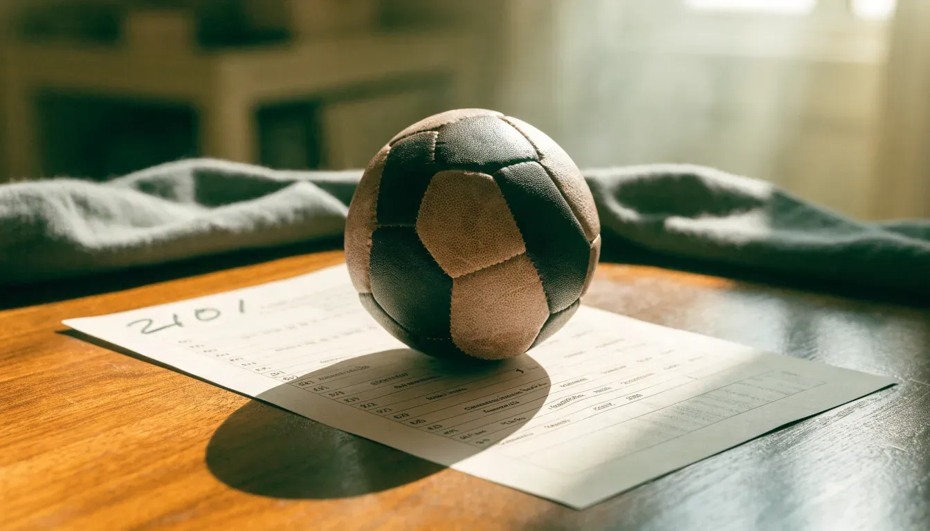 Un pallone da calcio appoggiato su una schedina bianca su un tavolo di legno, alla luce del giorno