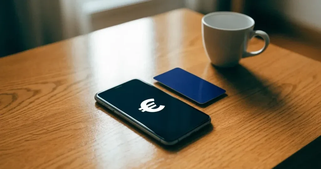 Uno smartphone e una carta di pagamento affiancati su un tavolo di legno, con alcune banconote da euro accanto