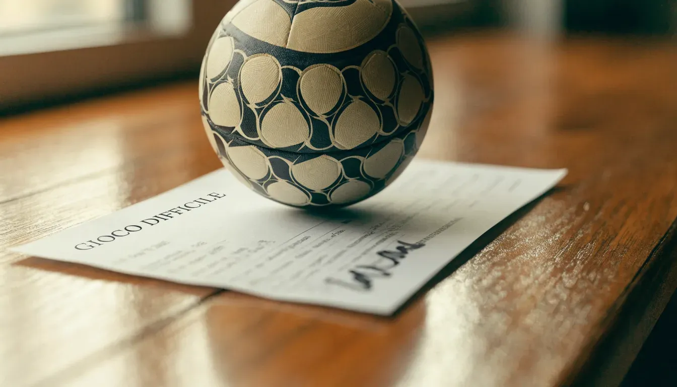 Un pallone da calcio appoggiato su una schedina bianca su un tavolo di legno, alla luce del giorno